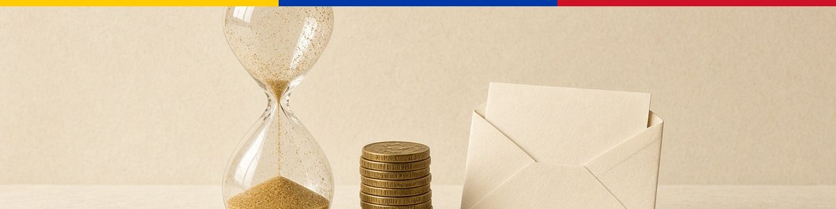 Plazo del retiro, monedas y un sobre de la caja